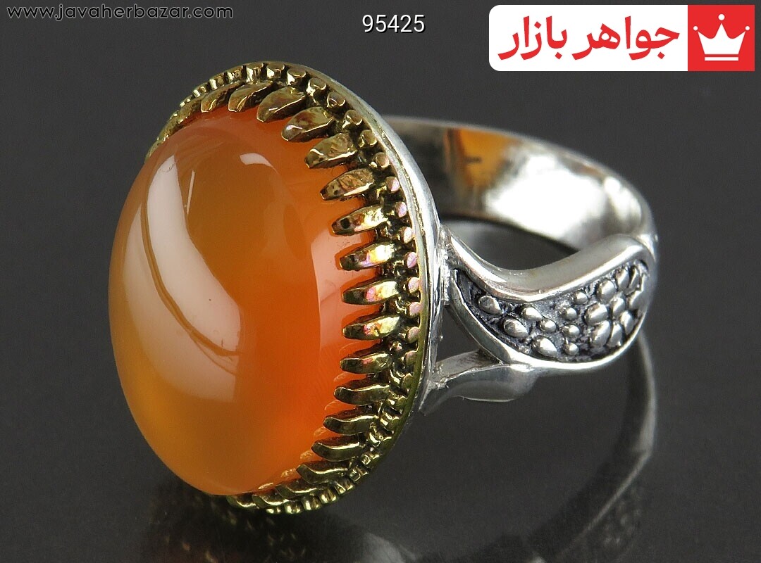 انگشتر نقره عقیق یمنی نارنجی تاج برنجی مردانه [شرف الشمس]